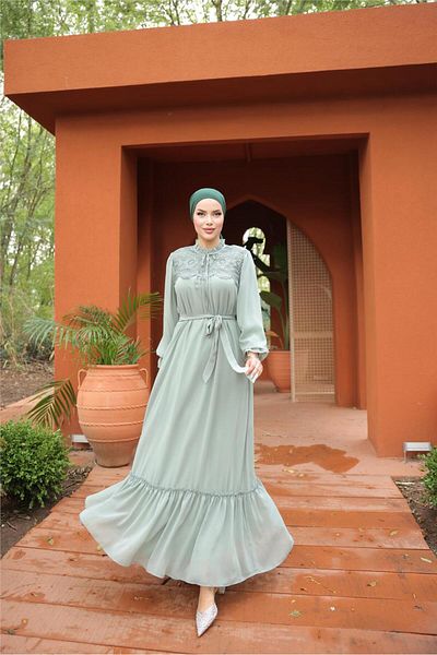 Bwest Long Chiffon Dress with Lace Detail on Waist and Neck Lace - 50019.100 - Green