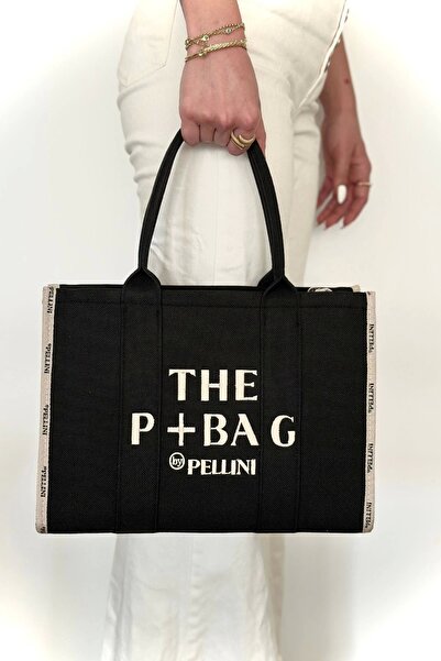By Pellini The P+Bag El ve Omuz Büyük Çanta Siyah Krem Çizgili