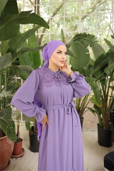 Bwest Long Chiffon Dress with Lace Detail on Waist and Neck Lace - 50019.019 - Lilac