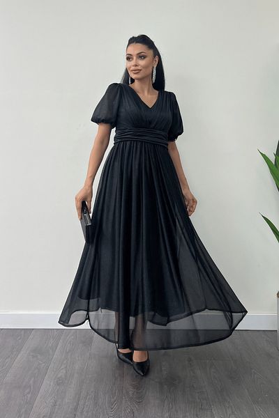 giyimmasalı Tulle Glitter Fabric Gather Detailed Midi Dress - Black