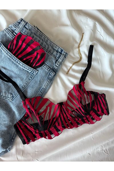 ROZENİN LINGERIE Christmas Gift Red Black Patterned Underwire Cupless Tulle Bra Set (Bra Tanga)