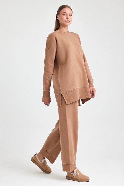 Chiccy Camel Crew Neck Long Sleeve Casual Oversize Knitwear Bottom Top Set 70-110 60-55