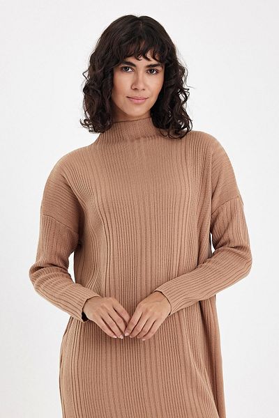 Chiccy Camel Hakim Collar Long Sleeve Casual Long Oversize Knitwear Dress 145 70