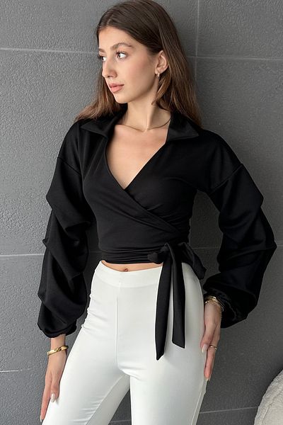 Fav Style Μαύρη μπλούζα με διπλό στήθος με λαιμόκοψη - μακρυμάνικη και δεμένη μέση