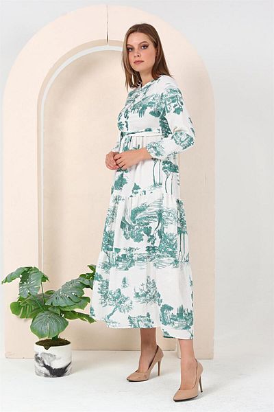 Bwest Patterned Linen Dress - Tree Green - Bwest
