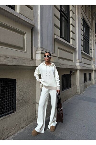 Shadow istanbul kadın Bej Triko takım üst Pantolon ikili kapüşonlu ve düğmeli