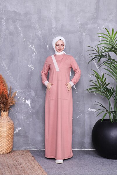 Bwest Χρώμα πούδρας με λωρίδα V-λαιμόκοψη Φόρεμα με μακρύ χιτώνα με τσέπες - 71188.034