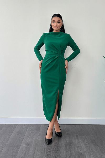 giyimmasalı Crepe Glitter Fabric Twist Detailed Pencil Dress - Emeral Green