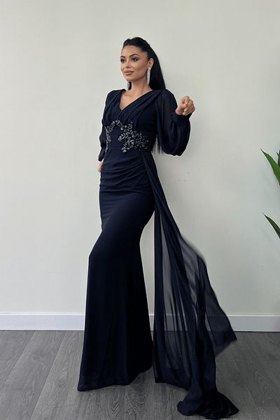 giyimmasalı Chiffon Fabric Bead Embroidered Evening Dress with Shawl Detail - Dark Blue