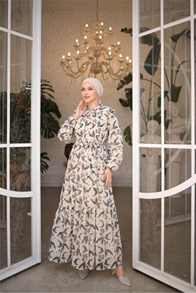 Bwest Φόρεμα σιφόν με μοτίβο φύλλων με κορδόνι στη μέση - 50009.003 - Μαύρο