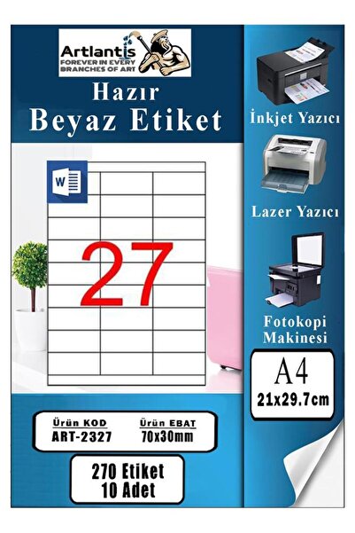 Artlantis A4 Hazır Etiket 70x30 mm 10 Sayfa 1 Paket 27 li Kendinden Yapışkanl...