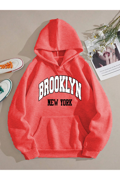 StartMore Hanorac supradimensionat unisex cu glugă, imprimat Brooklyn, cu tre...