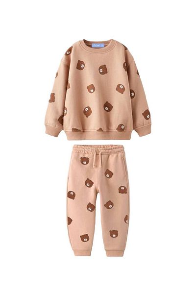 Lolliboomkids Unisex Kids Mini Teddy Bear Emoji Printed Sweatshirt and Tracksuit Set - Brown Tone, 3 Thread
