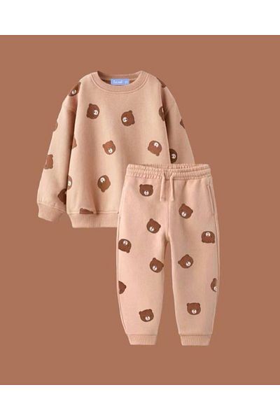 Lolliboomkids Unisex Kids Mini Teddy Bear Emoji Printed Sweatshirt and Tracksuit Set - Brown Tone, 3 Thread