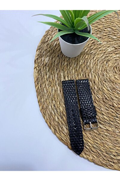 Prizma 24mm Parlak Baklava Desen Saat Kordonu. Siyah Dikiş. Suni Deri Saat Ko...