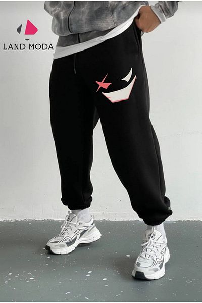 LAND MODA Черни спортни спортни панталони за мъже JoggER SweatPants с щампа с еластични крачоли и джобове
