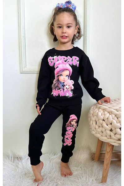 Lolliboomkids Κοριτσίστικη κούκλα φούξια ροζ μαύρη στάμπα φούτερ αθλητική φόρμα κάτω επάνω σετ