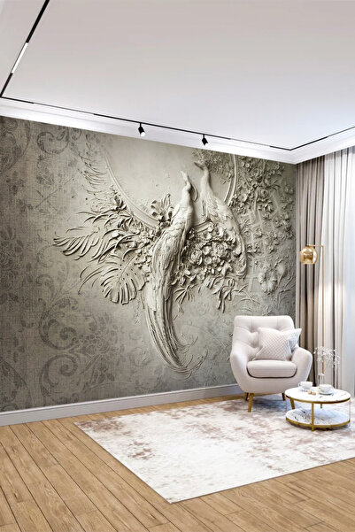 poster marketi 3D Kabartmalı Çiçek ve Kuş Desenli Tekstil Tabanlı Duvar Kağıd...