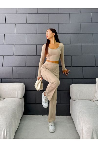 Fav Style U-Neck Long Sleeve Blouse and High Waist Pipe Leg Trousers - Beige Women's Bottom-Top Set
