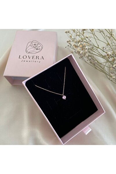Lovera Jewellery 925 Ayar Gümüş Rose Pembe Taşlı Minimal Tek Taş Kolye | Zarif Şık Tasarım Hediyelik Takı