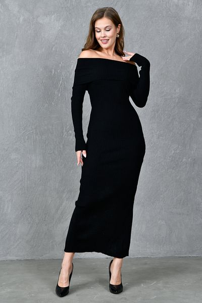 vuvutasarım Rochie tricotată neagră, cu guler Madonna, cu mânecă lungă, cu fantă, lungime midi 1170
