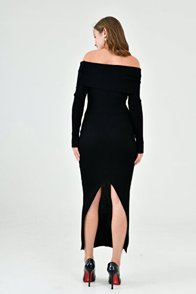 bayansepeti Μίντι μαύρο φόρεμα Madonna Collar με ελαστικό πλεκτό ύφασμα - μακρύ μανίκι και σκίσιμο 1170