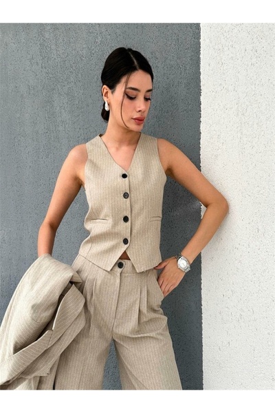 diaves Krem Çizgi Desenli Yelekli Blazer Ceket ve Palazo Pantolon Atlas Dokuma Kumaş Takım Elbise