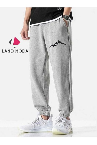 LAND MODA Ανδρικό γκρι αθλητικό εμπριμέ Slim Fit Jogger Sweatpants - με ελαστικά πόδια και τσέπες