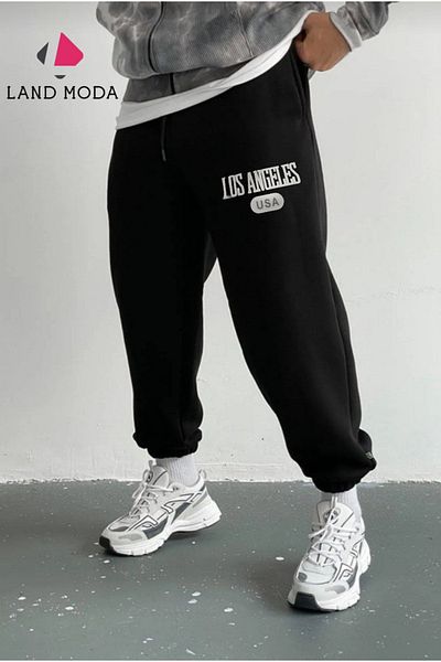 LAND MODA Μαύρο αθλητικό εμπριμέ ανδρικό παντελόνι Jogger - Slim Fit με ελαστικά πόδια και τσέπες