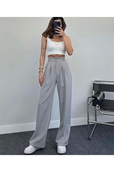 Asia Women's Pleated Dabıl Fabric Loose Leg Pants