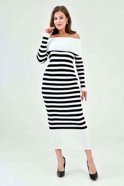 bayansepeti Women's Stretchy Knitwear Fabric Long Sleeve Madonna Collar Midi Length Striped White Knitwear Dress 1160