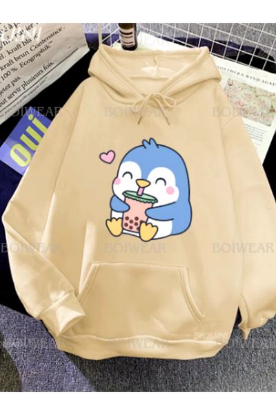 Boi Unisex Anime Cute Penguin φούτερ με 3 νήματα - Μαύρο Γκρι Λευκό Baby Blue Oversize Hoodie