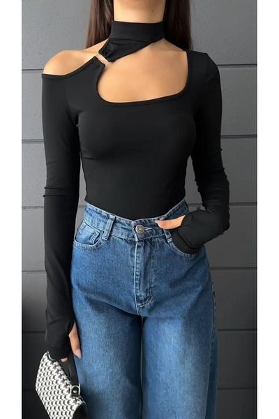 Fav Style Μαύρη μακρυμάνικη γυναικεία μπλούζα με αγκράφα με έναν ώμο