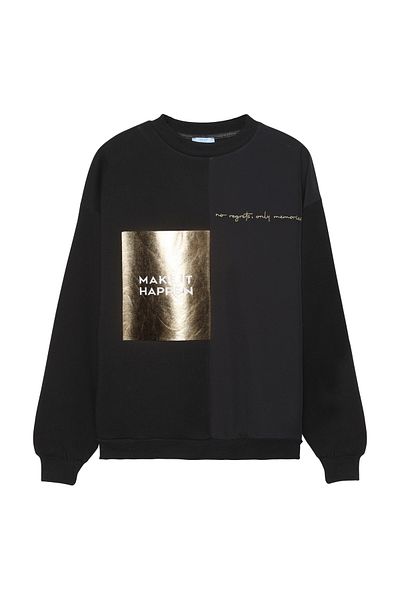 Quzu Black Sweatshirt - Shiny Foil Printed and Text
