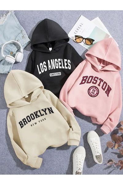 Baxia 3 Pack Boston Printed Hooded Sweatshirt - Beige, Black, Pink