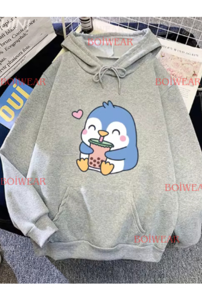 Boi Unisex Anime Cute Penguin Printed 3 Thread Sweatshirt - Black Gray White Baby Blue Oversize Hoodie
