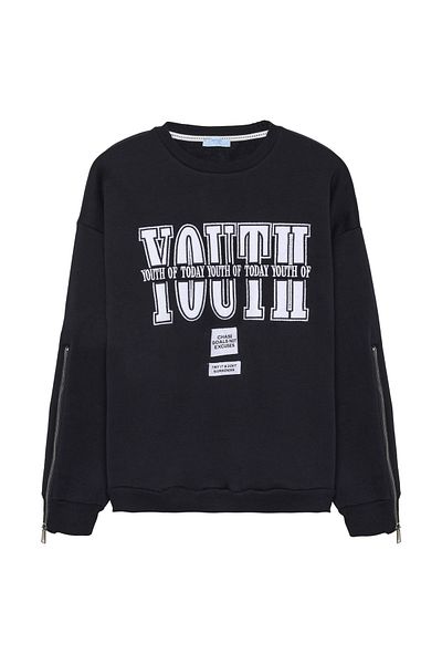 Quzu Navy Blue Oversize Sweatshirt - Zipped Sleeve and Text Printed