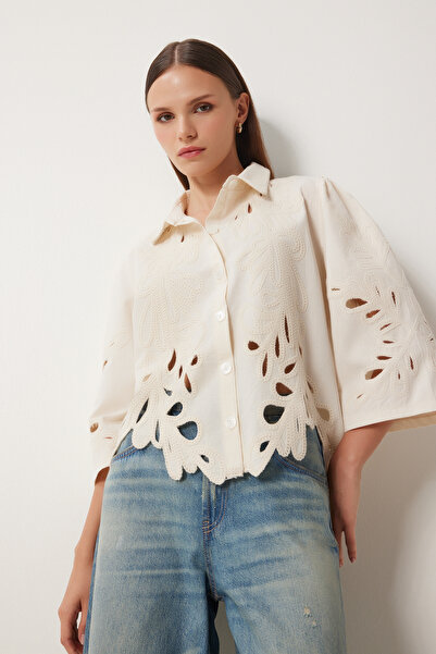 Lovelyİstanbul Krémová krajková vyšívaná popelínová košile - prolamovaná Lqs0010