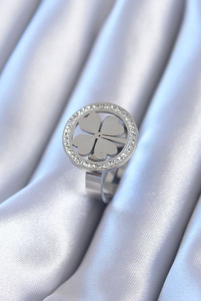 Skygo Zircon Stone 316L Silver Clover Model Women's Ring - TJ-BYK2765