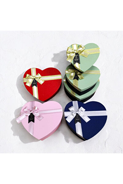 Se Promo 3'lü Kurdeleli Sert Kalp Hediye Kutusu Seti, Çeyiz Bohça Kutusu, Sak...
