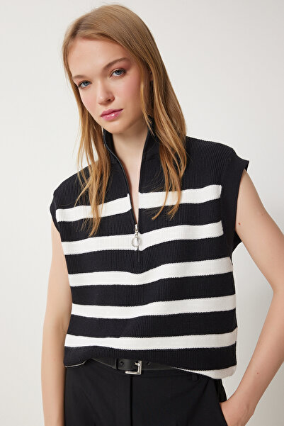 Lovelyİstanbul Fermuarlı Yaka Çizgili Triko Süveter SİYAH LUS0039