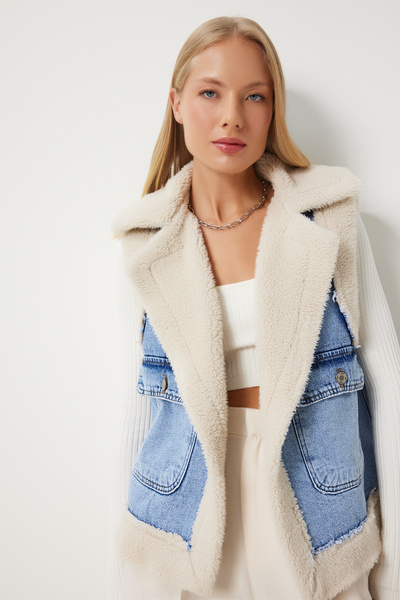 Lovelyİstanbul Τζιν Γιλέκο - Faux Fur, ΜΠΛΕ ΚΡΕΜΑ, LNT0007