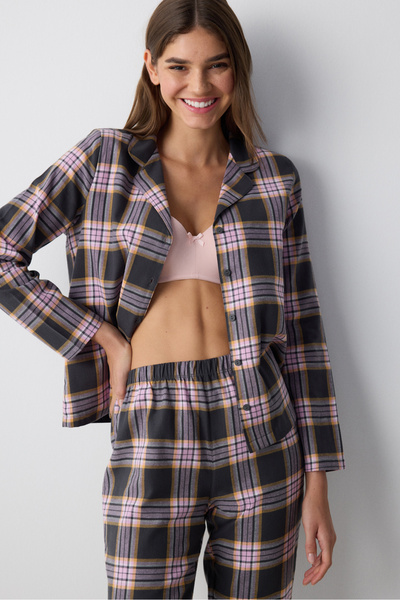 Penti Pamuklu Halie Checked Antrasit Gömlek Pantolon Pijama Takımı