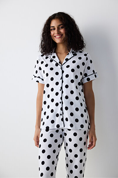 Penti Pamuklu Black Dotted Gömlek Pantolon Beyaz Pijama Takımı
