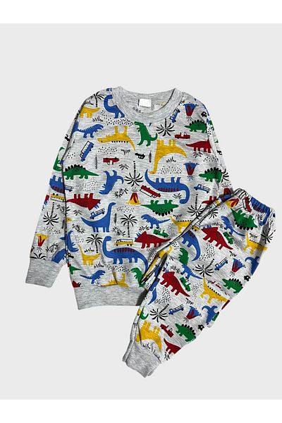 Fil Kids Boy's Cotton Gray Dinosaur Patterned Long Sleeve Seasonal Pajamas Set