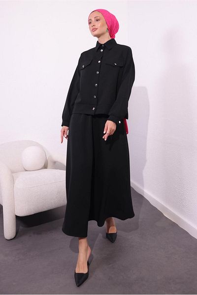 TRENDTESETTÜR Μαύρο Hijab Πλισέ Γυναικείο Σετ - T 4554
