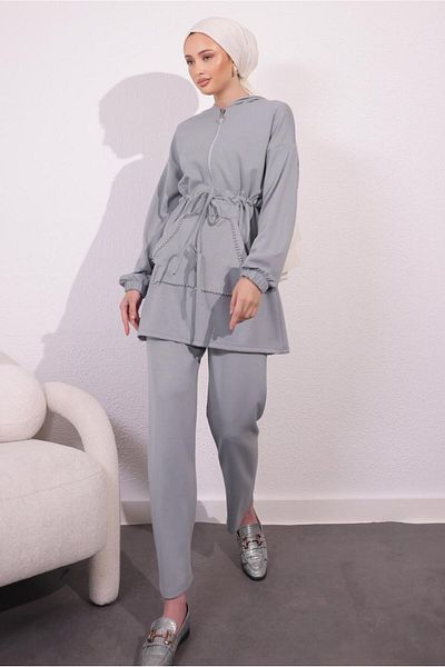 TRENDTESETTÜR Women's Gray Knitted Trousers Set - t 4044