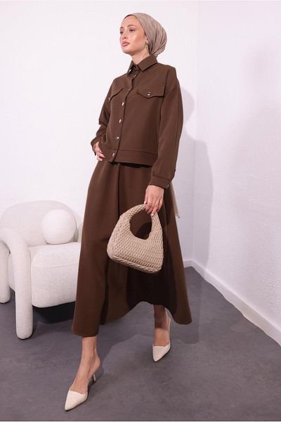 TRENDTESETTÜR Γυναικείο Καφέ Σετ Φούστα Hijab - T 4554