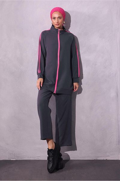 TRENDTESETTÜR Gray Smoked Stripe Detailed Women's Set - Pants t 2654