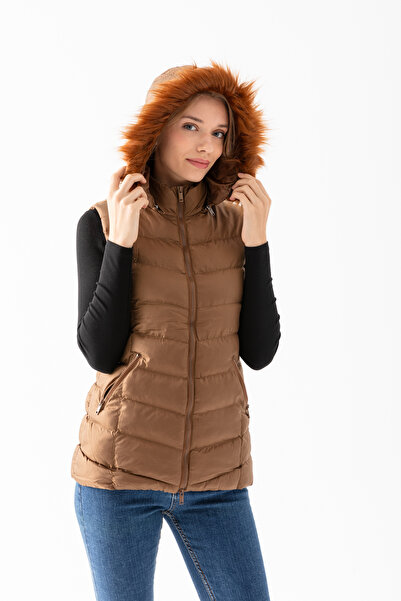 EtkiModa Дамски пухен елек с качулка и цип в цвят норка
